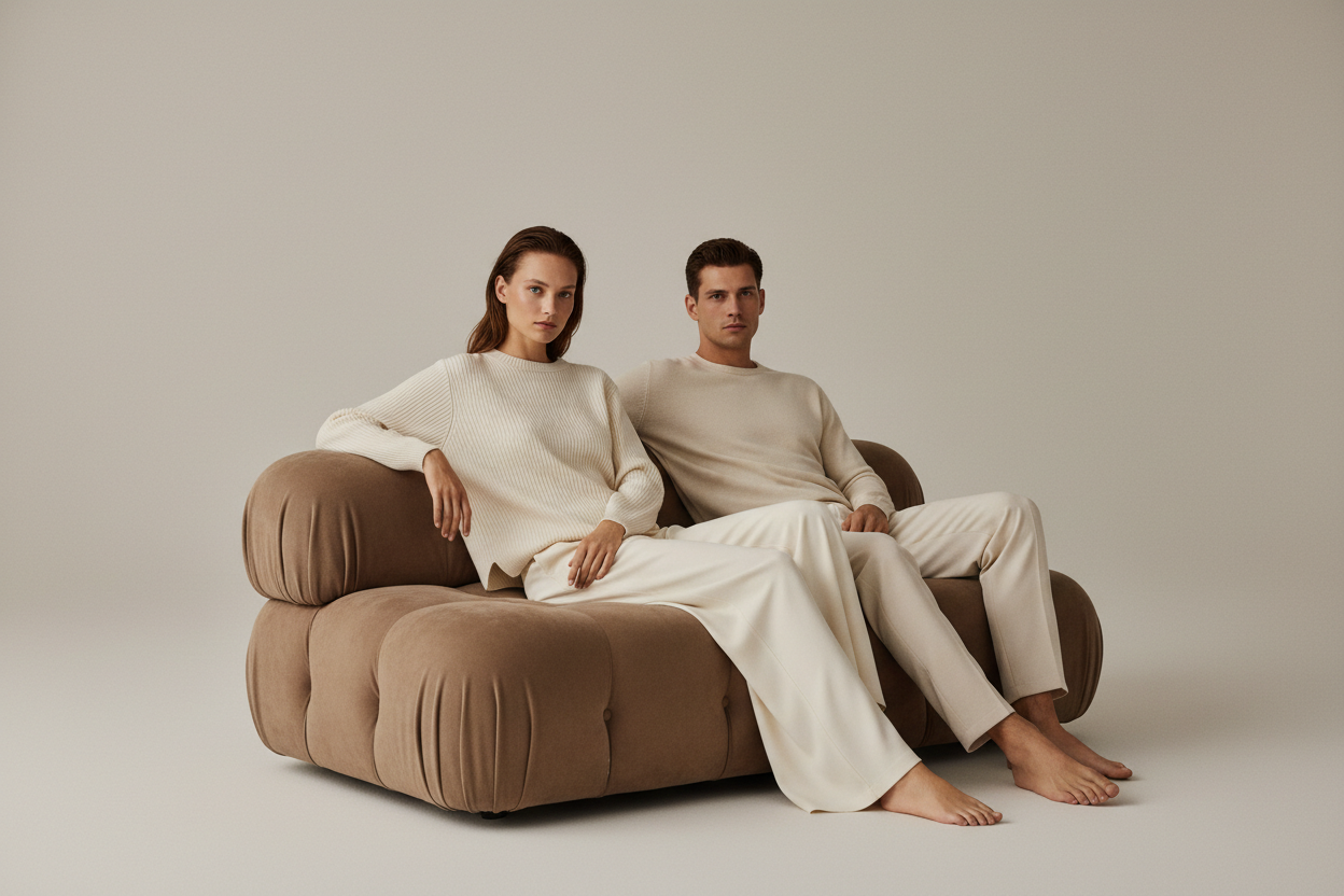 female model more minimal makeup and a plain knit jumper